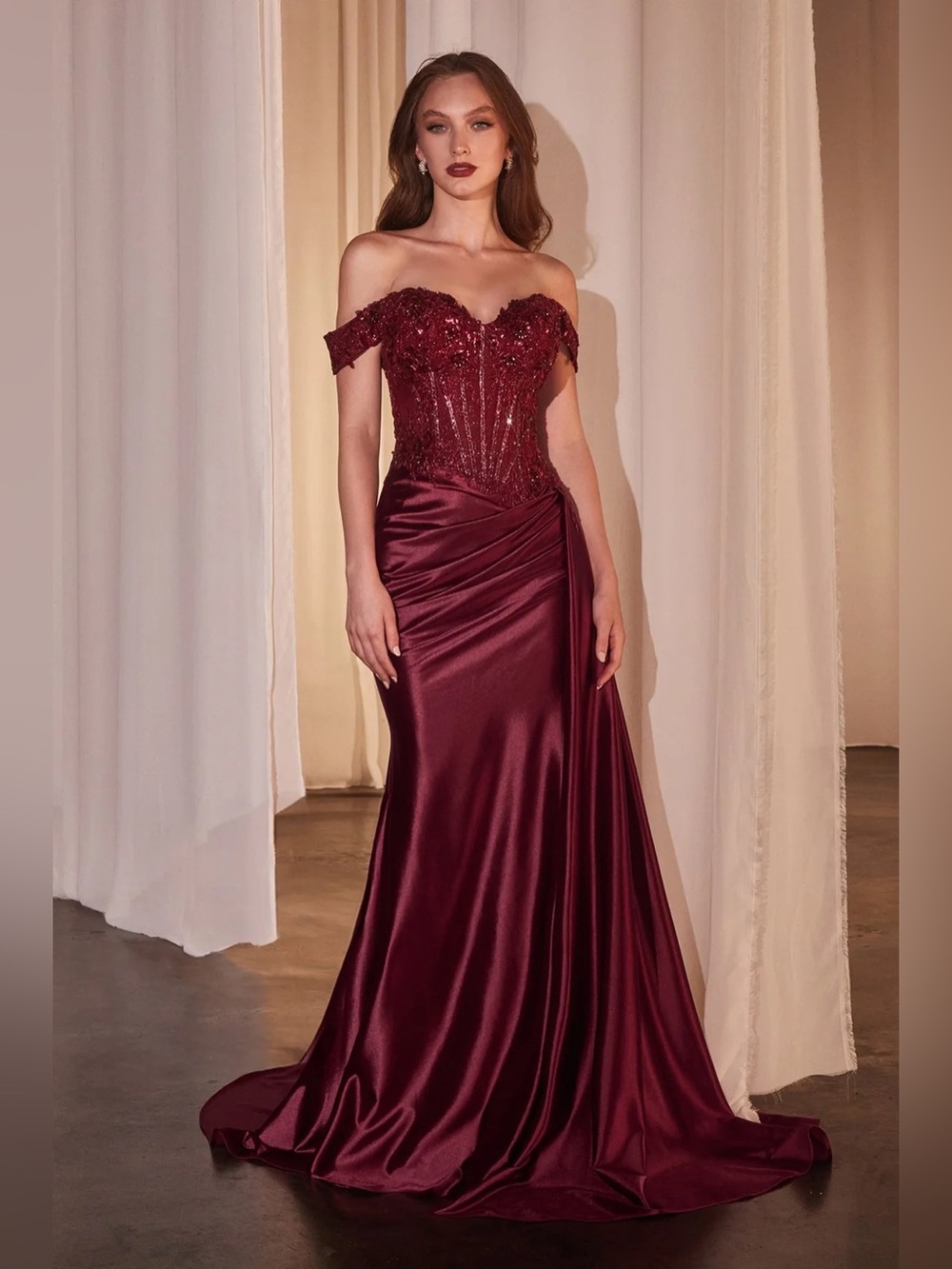 Off-Shoulder Burgundy Satin Prom Dress with Beaded Bodice